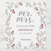 Red Berries Botanical Mr Mrs Wedding Verloving Wijn Etiket (Enkel label)
