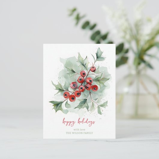 Red Berries Botanical Watercolor Christmas Feestdagenkaart (Staand voorkant)