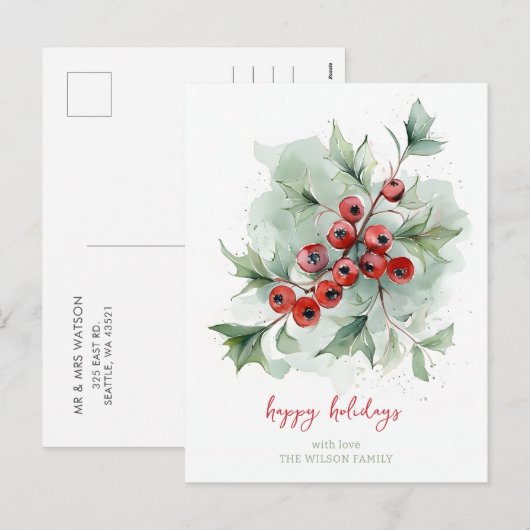 Red Berries Botanical Watercolor Christmas Feestdagenkaart (Voorkant / Achterkant)