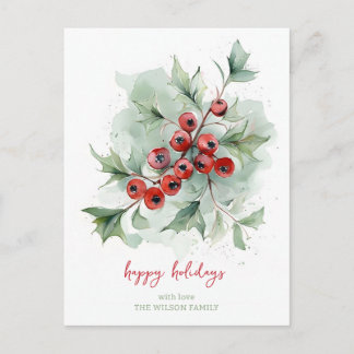 Red Berries Botanical Watercolor Christmas Feestdagenkaart