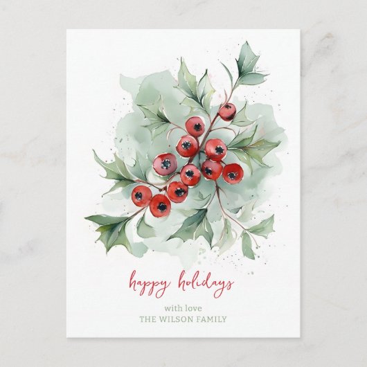 Red Berries Botanical Watercolor Christmas Feestdagenkaart (Voorkant)