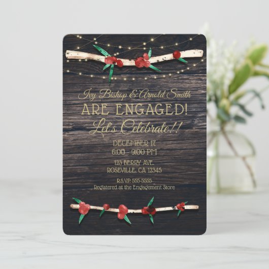 Red Berries Branches & Lights Rustiek Verloving Kaart (Staand voorkant)