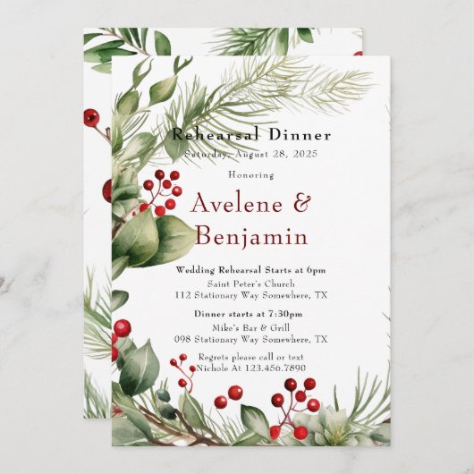 Red Berries dennenkrans bruiloft repetitie diner Kaart (Voorkant / Achterkant)