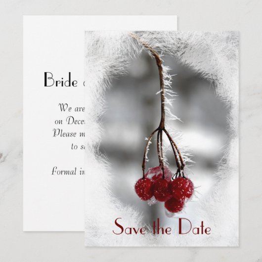 Red Berries en Frost Winter Wedding Save the Date Kaart (Voorkant / Achterkant)
