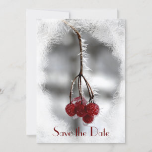Red Berries en Frost Winter Wedding Save the Date Kaart