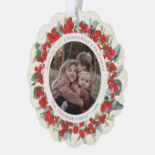 Red Berries + Eucalyptus Christmas Wreath Photo  Ornament Kaart (Links)