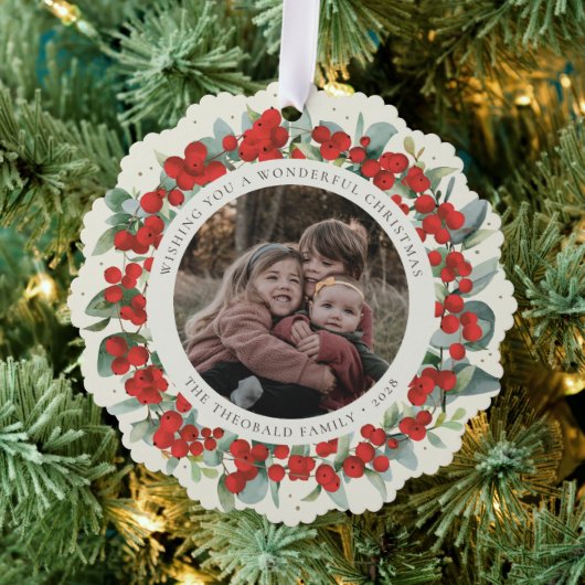 Red Berries + Eucalyptus Christmas Wreath Photo  Ornament Kaart (Insitu (Drie))