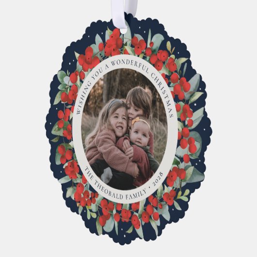 Red Berries + Eucalyptus Christmas Wreath Photo  Ornament Kaart (Links)