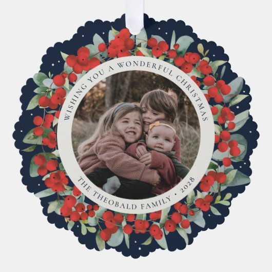 Red Berries + Eucalyptus Christmas Wreath Photo  Ornament Kaart (Voorkant)