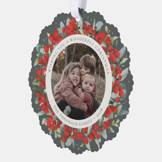 Red Berries + Eucalyptus Christmas Wreath Photo  Ornament Kaart (Links)