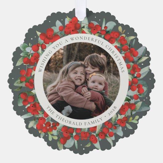 Red Berries + Eucalyptus Christmas Wreath Photo  Ornament Kaart (Voorkant)