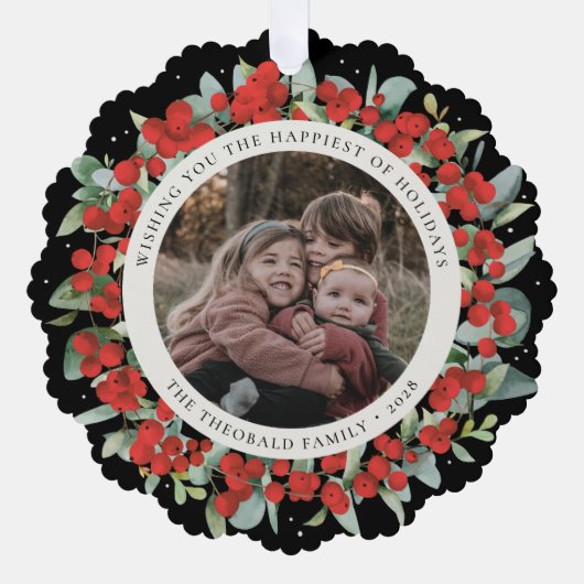 Red Berries + Eucalyptus Holiday Wreath Photo  Ornament Kaart (Voorkant)