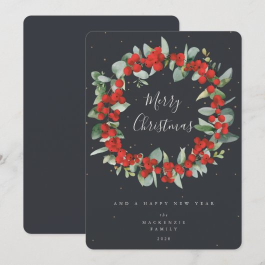 Red Berries + Eucalyptus kerstmis zonder foto Feestdagenkaart (Voorkant / Achterkant)