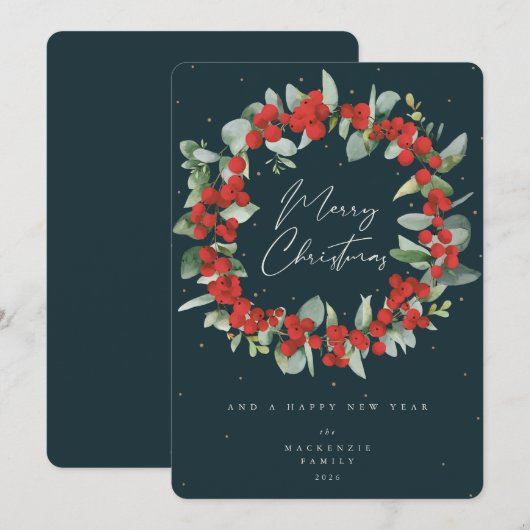 Red Berries + Eucalyptus kerstmis zonder foto Feestdagenkaart (Voorkant / Achterkant)