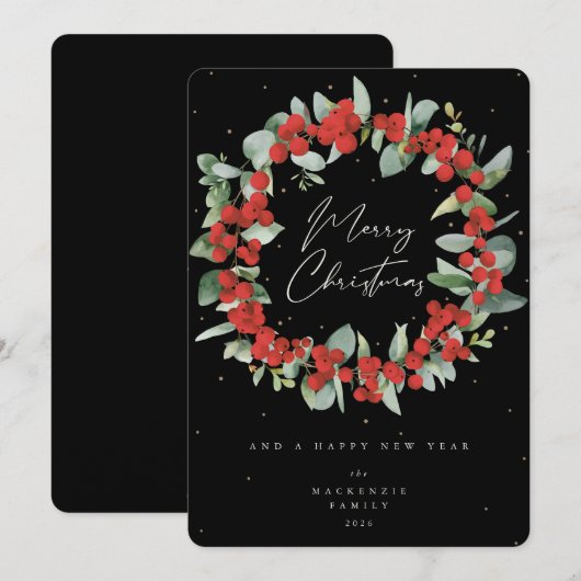 Red Berries + Eucalyptus kerstmis zonder foto Feestdagenkaart (Voorkant / Achterkant)