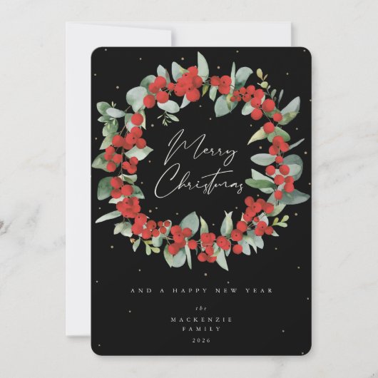 Red Berries + Eucalyptus kerstmis zonder foto Feestdagenkaart (Voorkant)