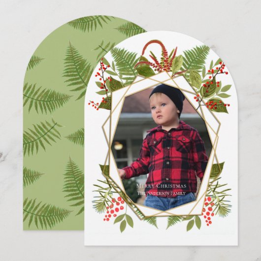 Red Berries Geometric Gold Photo Cards Kaart (Voorkant / Achterkant)