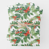 Red Berries Green Holly Floral kerstfeestdag Inpakpapier Vel (In situ)