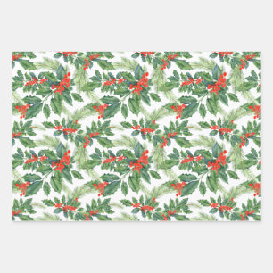 Red Berries Green Holly Floral kerstfeestdag Inpakpapier Vel
