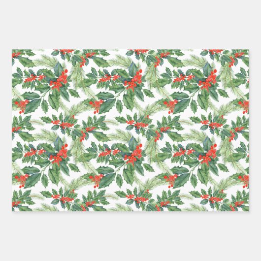 Red Berries Green Holly Floral kerstfeestdag Inpakpapier Vel (Voorkant)