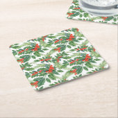 Red Berries Green Holly Floral kerstfeestdag Kartonnen Onderzetters (Schuin)