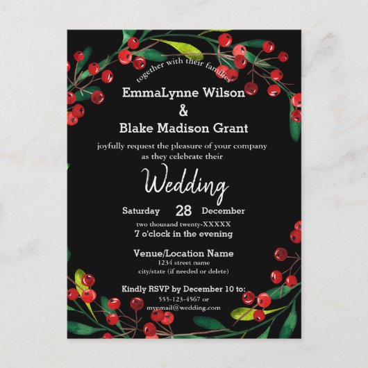 Red Berries Green Wreath Black Silver Wedding Invi Briefkaart (Voorkant)