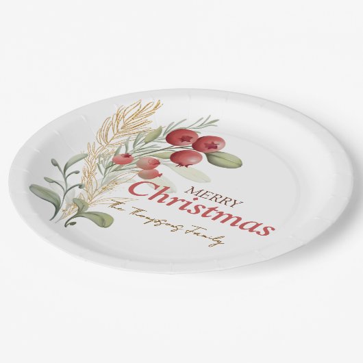 Red Berries Greenery Botanical Christmas Party Papieren Bordje (Gekanteld)