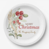 Red Berries Greenery Botanical Christmas Party Papieren Bordje (Voorkant)