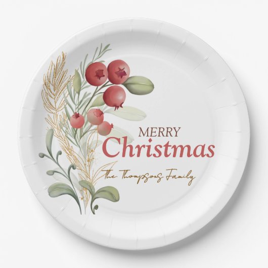 Red Berries Greenery Botanical Christmas Party Papieren Bordje (Voorkant)