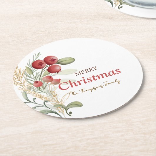 Red Berries Greenery Botanical Christmas Party Ronde Kartonnen Onderzetter (Gebogen)