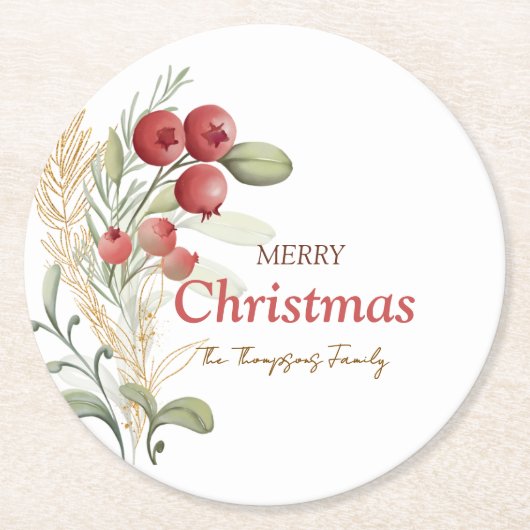 Red Berries Greenery Botanical Christmas Party Ronde Kartonnen Onderzetter (Voorkant)