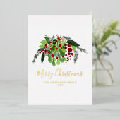 Red Berries Greenery Business Kerstgoud Folie Feestdagenkaart (Staand Voorkant)