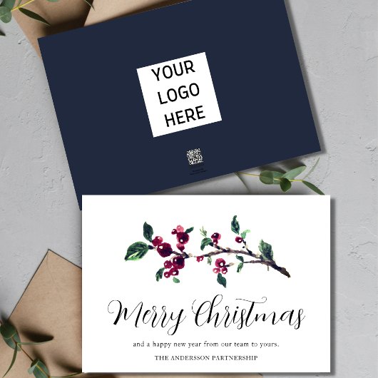 Red Berries Greenery Business Logo Holiday Card Feestdagenkaart