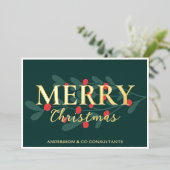 Red Berries Greenery Business Logo Merry Kerstmis Folie Feestdagenkaart (Staand Voorkant)