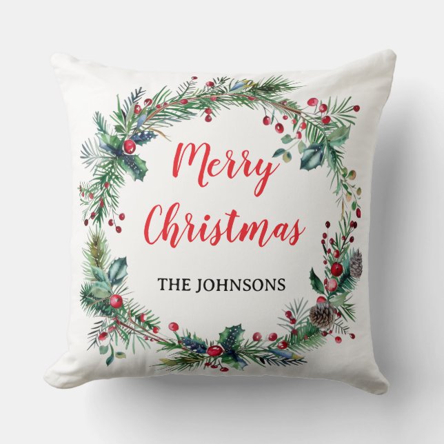 Red Berries Greenery Family Christmas Throw Pillow Kussen (Voorkant)