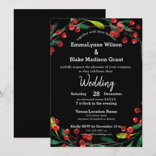 Red Berries Greenery kerstbruiloft Uitnodiging (Voorkant / Achterkant)