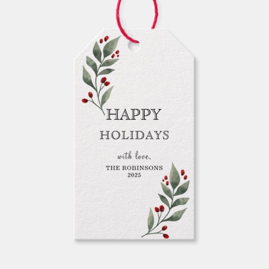 Red Berries Greenery kerstfeestdag Gift Labels Cadeaulabel (Voorkant)