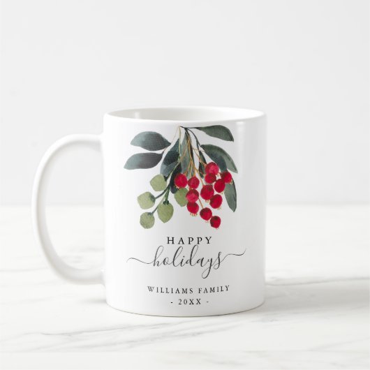 Red Berries Greenery Prettige feestdagen Custom Mo Koffiemok (Links)