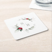 Red Berries Holiday Cheer Zes en haar monogram Kartonnen Onderzetters (Schuin)