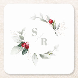 Red Berries Holiday Cheer Zes en haar monogram Kartonnen Onderzetters