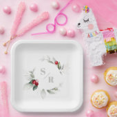 Red Berries Holiday Cheer Zes en haar monogram Papieren Bordje (Feest)