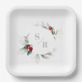 Red Berries Holiday Cheer Zes en haar monogram Papieren Bordje (Voorkant)
