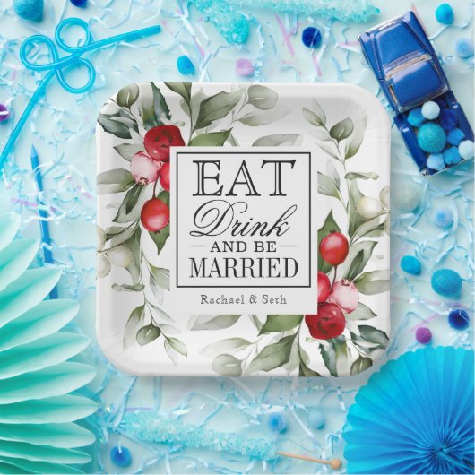 Red Berries Holiday eet Drink en wordt getrouwd Papieren Bordje (Feest)
