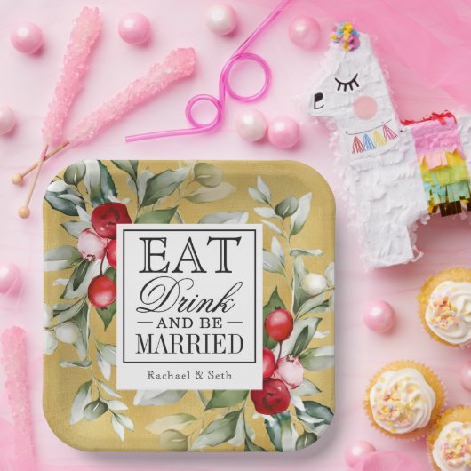 Red Berries Holiday eet Drink en wordt getrouwd Papieren Bordje (Feest)