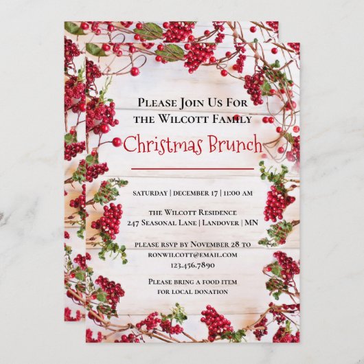 Red Berries Kerstfeestdag Brunch Uitnodiging (Voorkant / Achterkant)
