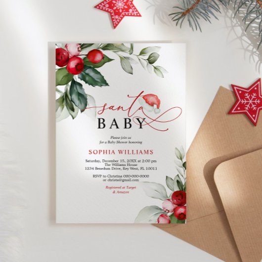 Red Berries Kerstmis Santa Baby shower Invitation Kaart
