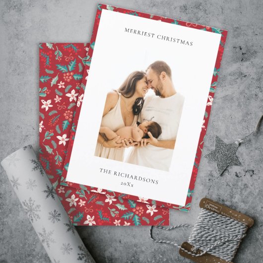 Red Berries Merry Kerstmis Floral Foto Feestdagenkaart