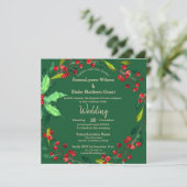 Red Berries met groene gouden kerstbruiloft Kaart (Staand voorkant)