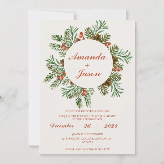 Red Berries Pine Cone Kerstmis bruiloft uitnodigin (Voorkant)
