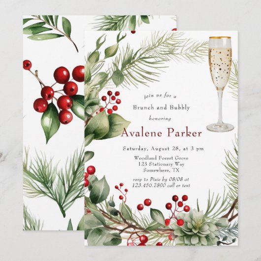 Red Berries Pine Wreath Brunch en Bubbly Kaart (Voorkant / Achterkant)